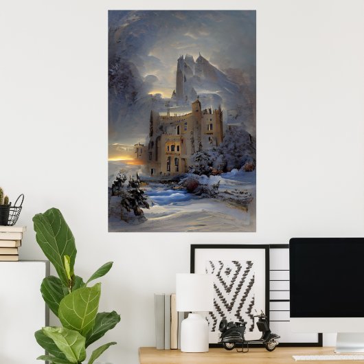 Castle in Snow, Retro Castle, kerstcadeau Poster (Thuiskantoor)