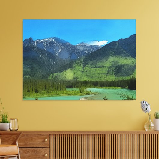 Castle Mountain en Bow River, Banff Alberta Canvas Afdruk (Insitu (Woonkamer))