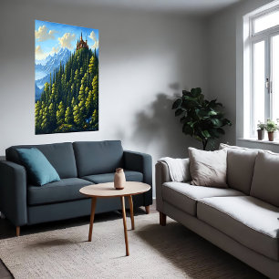 Castle op een heuvel in het bos AI Art Poster