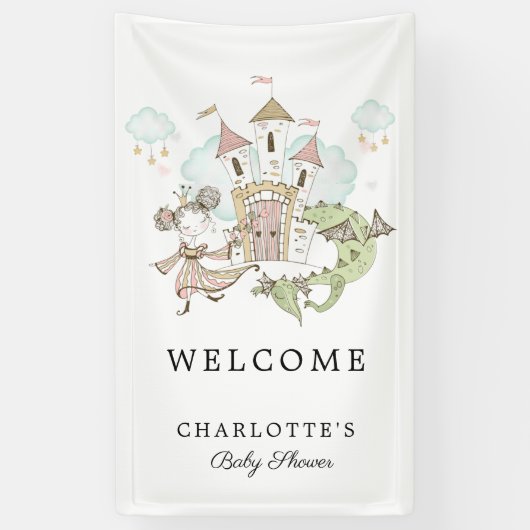 Castle Princess Dragon Baby shower Welkom Spandoek (Verticaal)