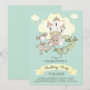 Castle Princess Dragon Girl's Blue Birthday Kaart