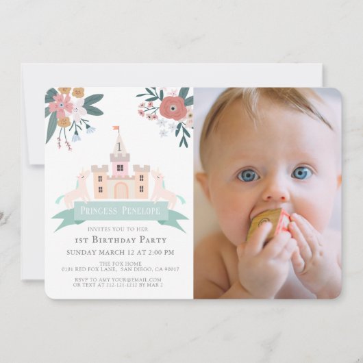 Castle Princess Unicorn Floral 1st Birthday Foto Kaart (Voorkant)