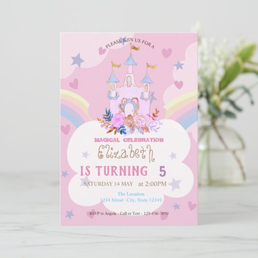 Castle Rainbow Cloud Anniversaire Invitation (Debout devant)