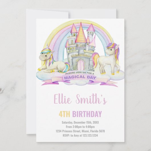 Castle Under Rainbow Unicorn Invitation Anniversai (Devant)