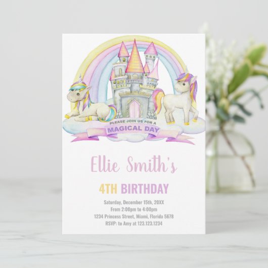Castle Under Rainbow Unicorn Invitation Anniversai (Debout devant)
