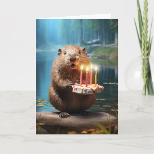 Castor avec carte de gâteau d'anniversaire (Devant)