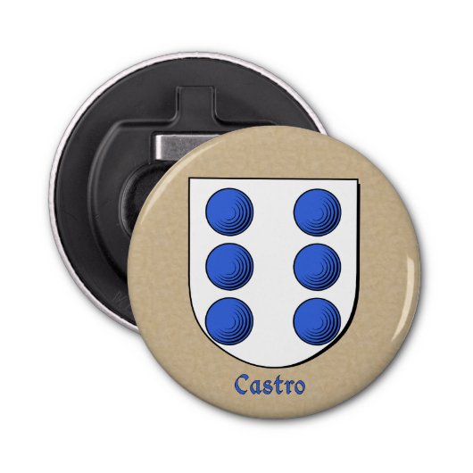 Castro Heraldic Arms on Parchment Style Back Button Flesopener (Voorkant)