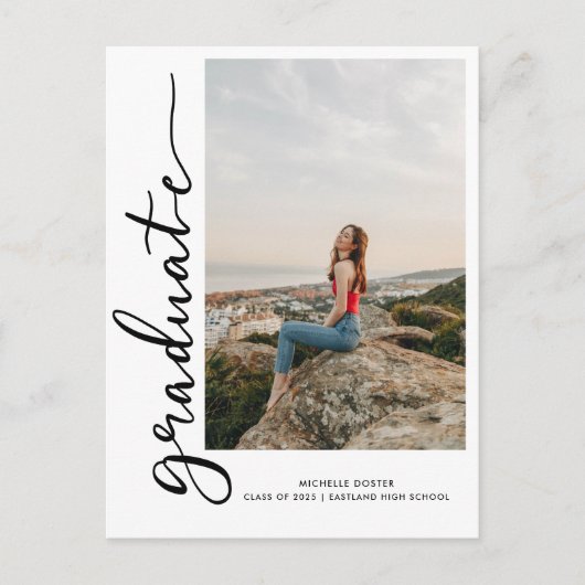 Casual Afstuderen handgeschreven script | Foto Aankondigingskaart (Voorkant)