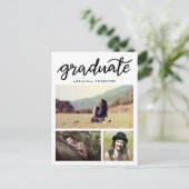 Casual Afstuderen script drie foto's Uitnodiging Briefkaart (Staand voorkant)