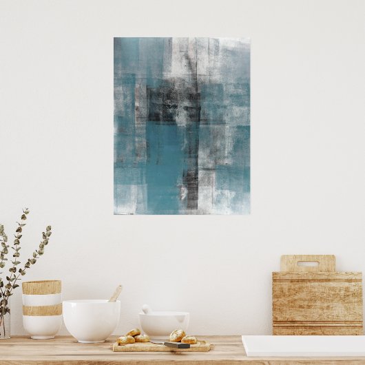'Casual' Blauwgroen en zwarte Abstracte kunstschil Poster (Keuken)