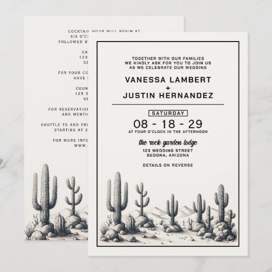 Casual Cactus Bruiloft met Details Kaart (Voorkant / Achterkant)