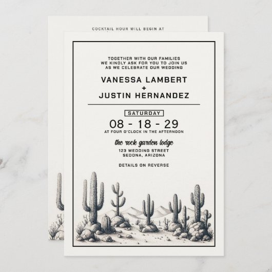Casual Cactus Bruiloft met QR Code & Details Kaart (Voorkant / Achterkant)