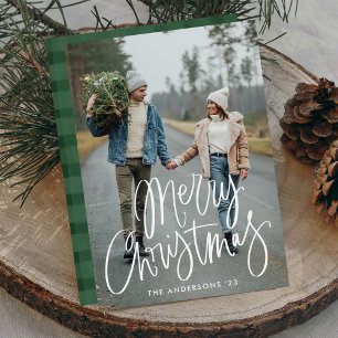 Casual handgeschreven kerstfoto met handschrift feestdagenkaart