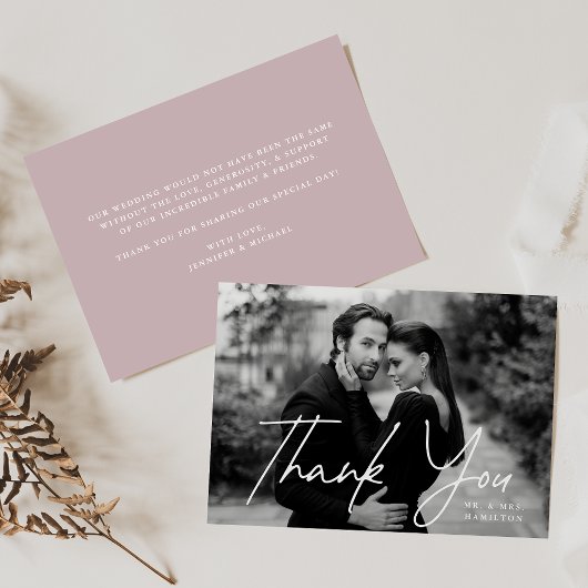 Casual Script Dusty Paars Photo Wedding Bedankkaart