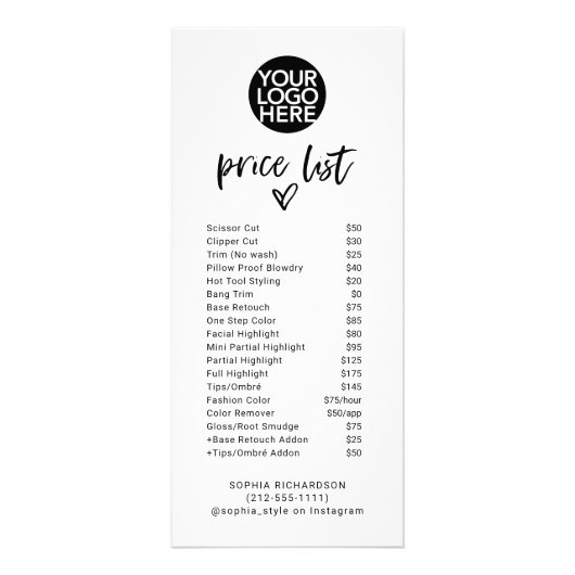 Casual Script Hart en Logo | Prijslijstservices Reclamekaart (Voorkant)