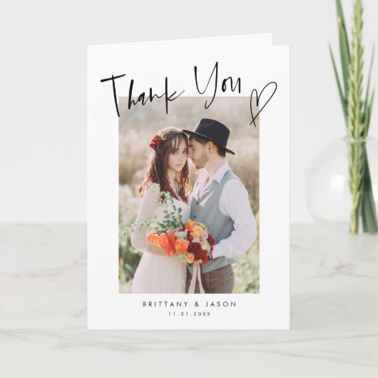 Casual Script Heart minimalist Weduwfoto Bedankkaart (Voorkant)