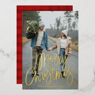 Casual script met kerstfoto Gold Folie Feestdagenkaart