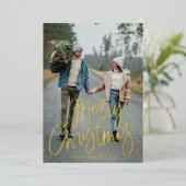 Casual script met kerstfoto Gold Folie Feestdagenkaart (Staand Voorkant)
