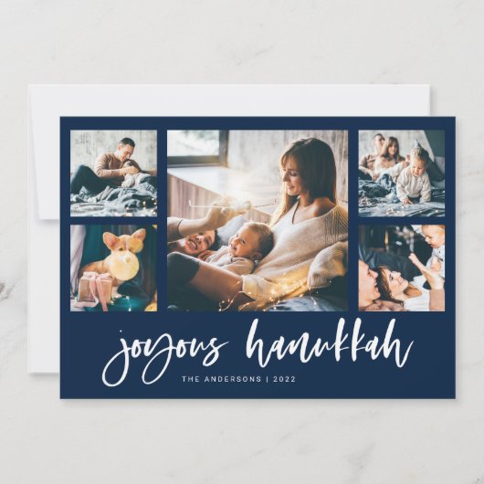Casual Script Multi Photo Grid | Joyous Hanukkah Feestdagenkaart (Voorkant)