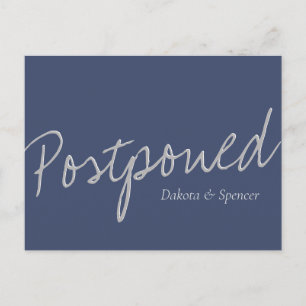 Casual Script   Navy Blue Grey Postponed Wedding Briefkaart