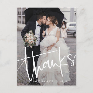 Casual script overlay twee foto bruiloft dank u briefkaart