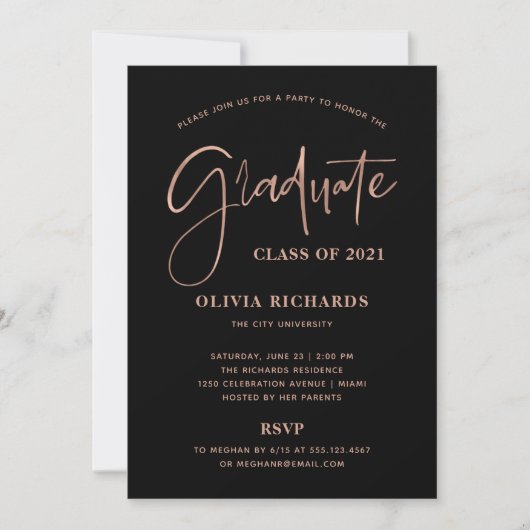 Casual Script Roos Gold en zwart | Partij Afstudee Kaart (Voorkant)