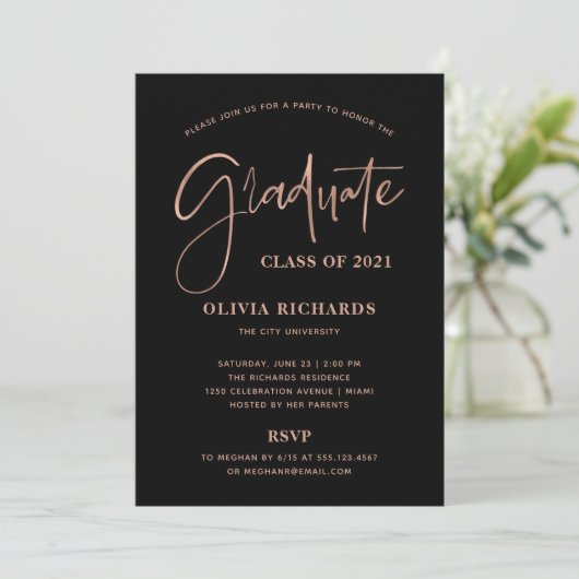 Casual Script Roos Gold en zwart | Partij Afstudee Kaart (Staand voorkant)