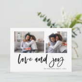 Casual script twee fotoraster | Liefde en Joy Feestdagenkaart (Staand voorkant)