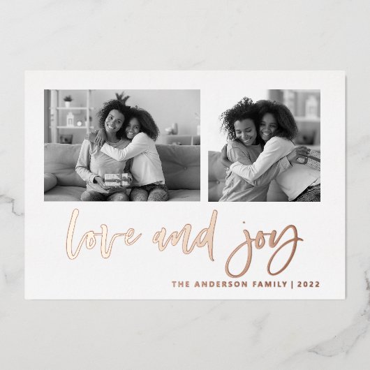 Casual script twee fotoraster | Liefde en Joy Folie Feestdagenkaart (Voorkant)