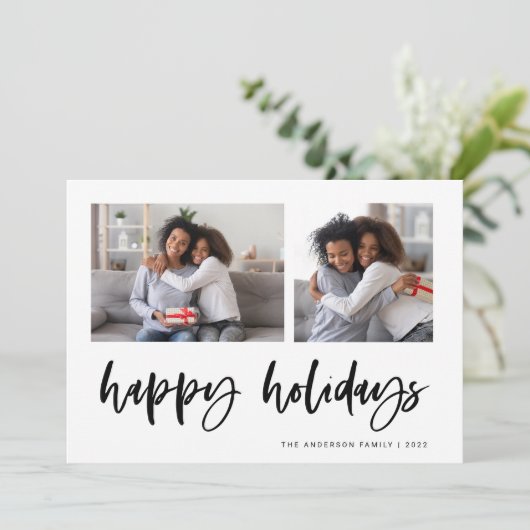 Casual script twee fotoraster | PRETTIGE FEESTDAGE Feestdagenkaart (Staand voorkant)