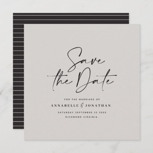 Casual script zwarte grijze typografie bruiloft save the date (Voorkant / Achterkant)