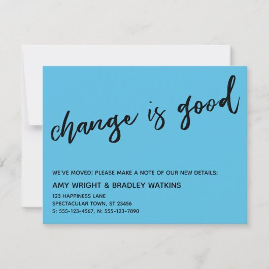 Casual verandering is goed helderblauw nieuw adres notitiekaartje (Voorkant)