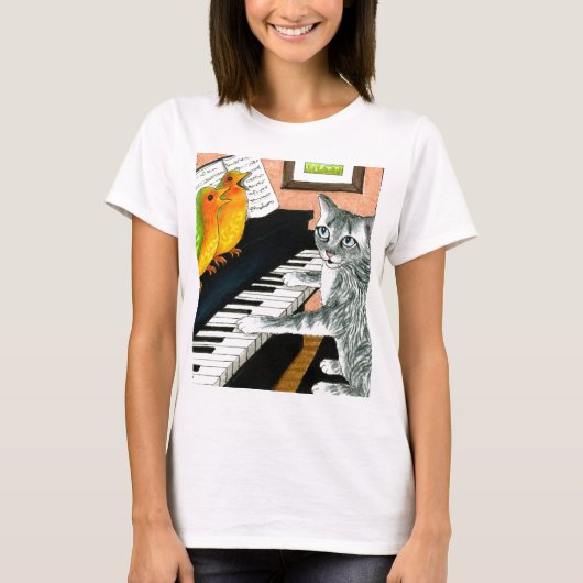 Cat 457 playing Piano Birds T-shirt (Voorkant)