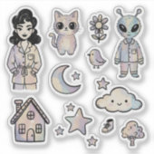 Cat Alien Pinup Girl Cool Illustration Sticker Set (Devant)