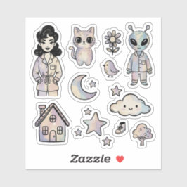 Cat Alien Pinup Girl Cool Illustration Sticker Set