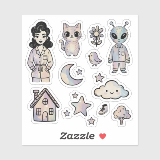 Cat Alien Pinup Girl Cool Illustration Sticker Set (Feuille)