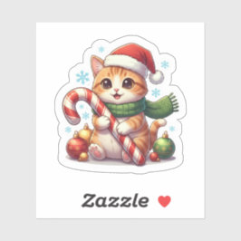 Cat and Candy Cane Cute Christmas Holiday Sticker