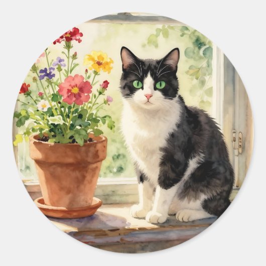 Cat and Flower Themed Ronde Sticker (Voorkant)