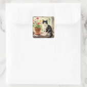 Cat and Flower Themed Vierkante Sticker (Tas)