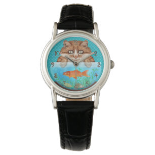 Cat and Goldfish Bowl Hungry Funny Grinning Kat Horloge
