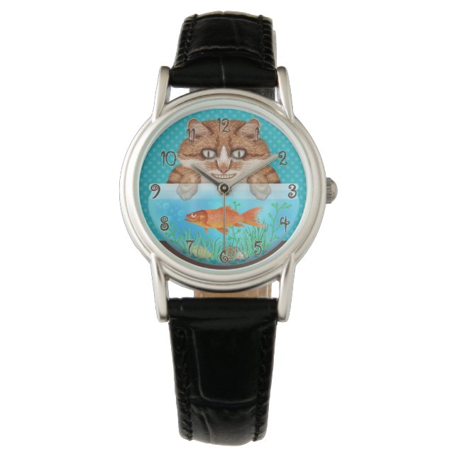 Cat and Goldfish Bowl Hungry Funny Grinning Kat Horloge (Voorkant)