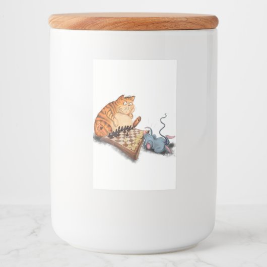 Cat and Mouse Playing Chess Cartoon Drawing Funny  Voedselcontainer Etiket (Voorkant)