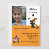 Cat and Owl Halloween Birthday Photo Invitation Kaart (Voorkant)