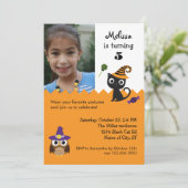 Cat and Owl Halloween Birthday Photo Invitation Kaart (Staand voorkant)