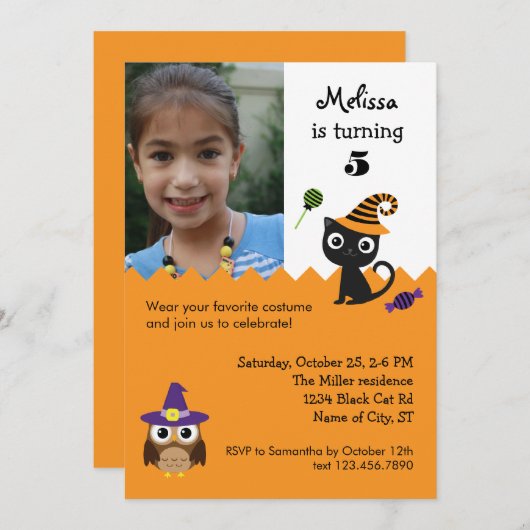 Cat and Owl Halloween Birthday Photo Invitation Kaart (Voorkant / Achterkant)