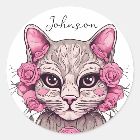 Cat and Pink Roses Sticker Envelope Seal Floral (Voorkant)
