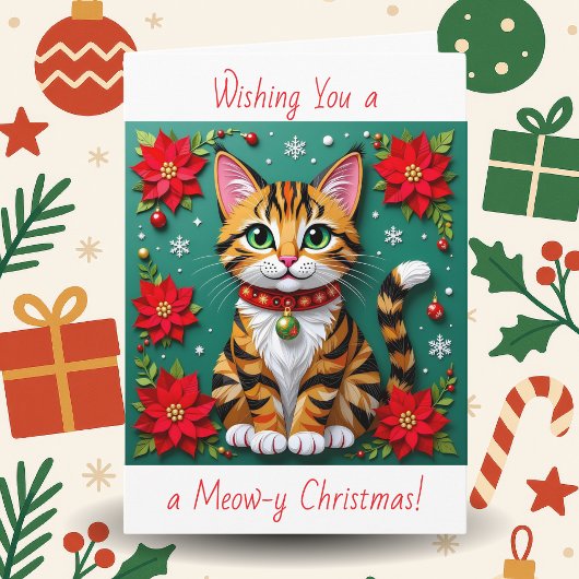 Cat and Poinsettia Personalized Christmas Feestdagen Kaart