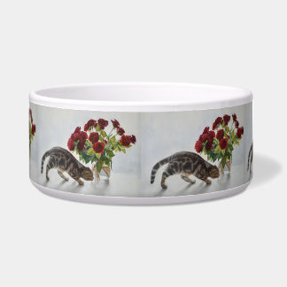 Cat and Red Roses – Realistic Oil Painting Print Voerbakje