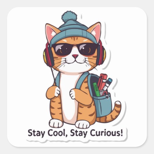 Cat Back to School - Blijf cool, blijf nieuwsgieri Vierkante Sticker (Voorkant)
