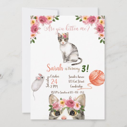 Cat Birthday Invitation, Cat Invitation, Kitty Kaart (Voorkant)
